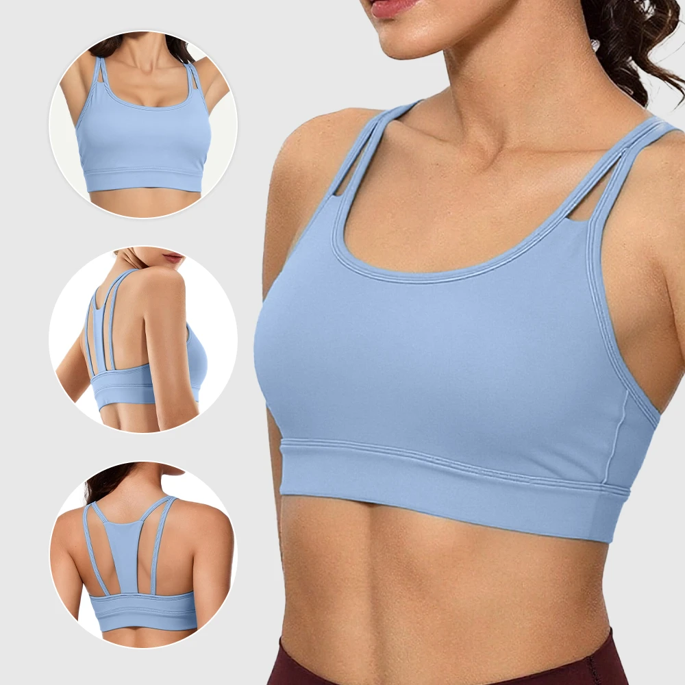Medium Support Open Back Sports Bra with Double Thin Straps, Breathable Athletic Bra