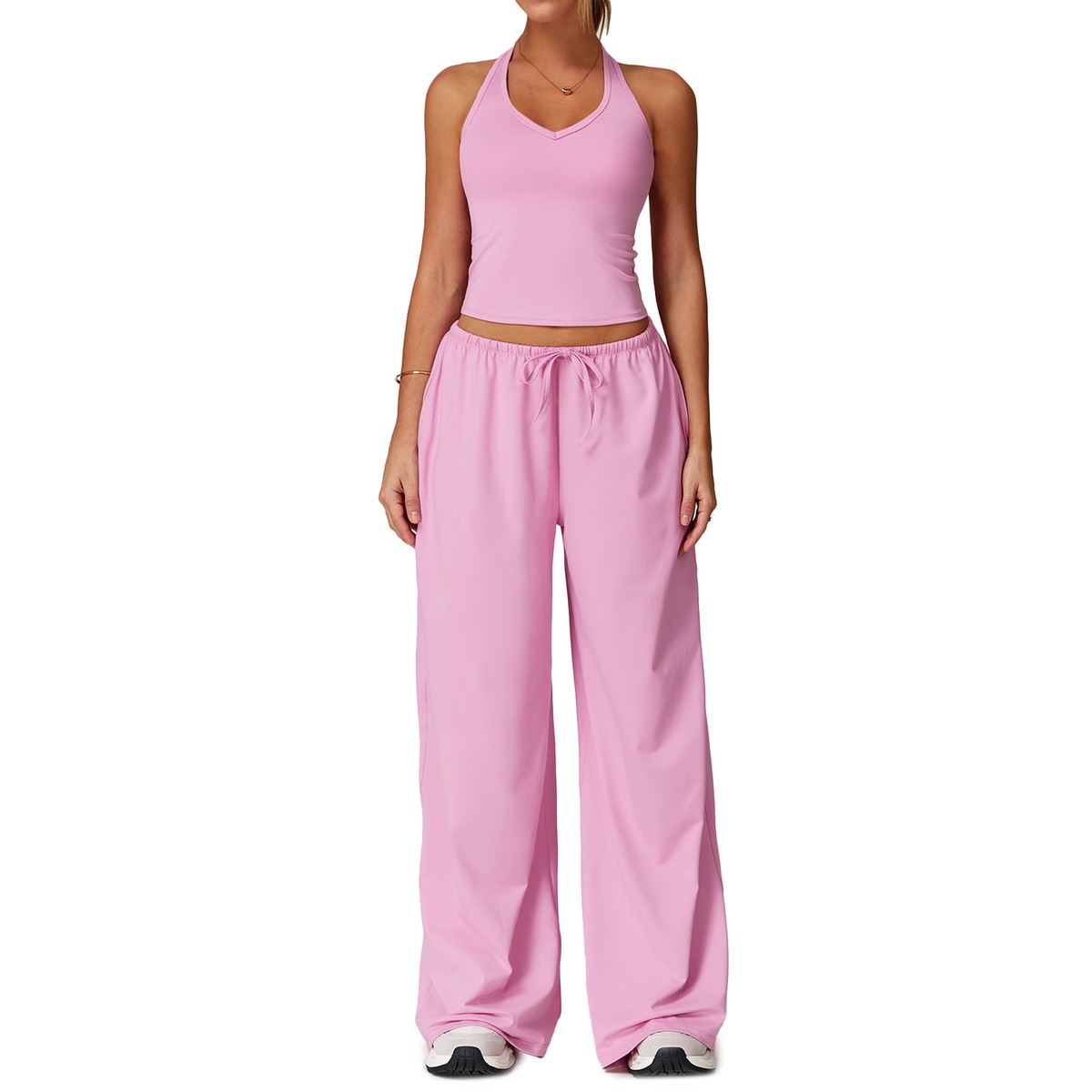 Women's Cross-border Solid Spandex/Polyester Yoga Sports Suit Quick-drying Halter V-neck Full Length 2-Piece Set