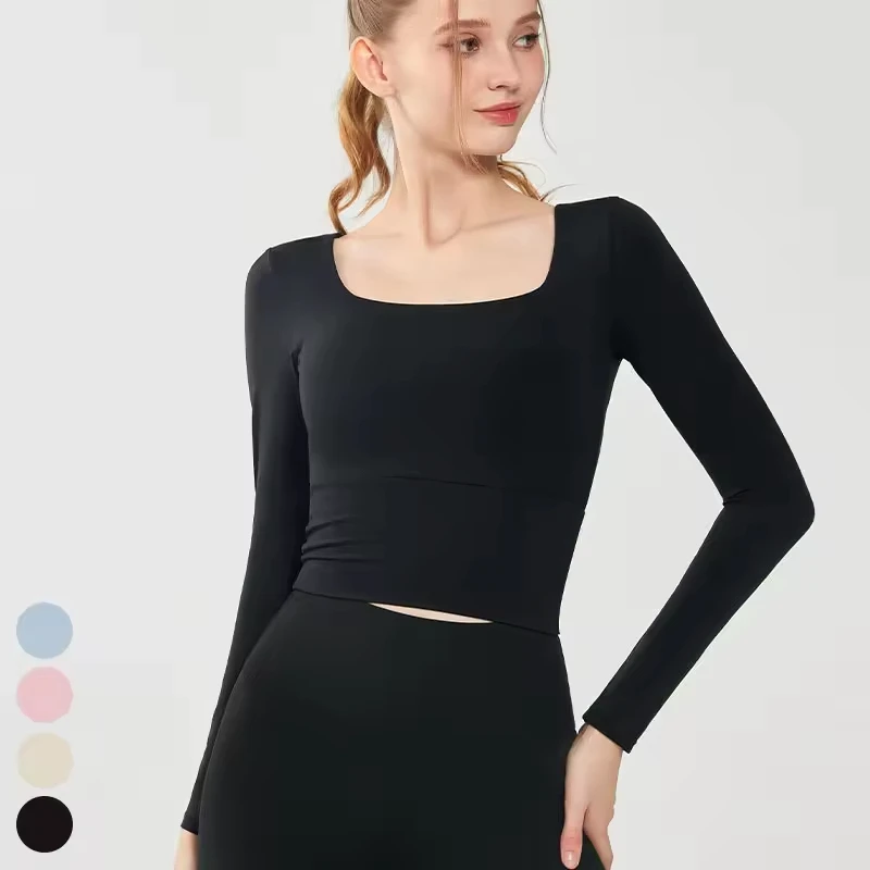 Women's Long Sleeve Yoga Top Built-in Fixed Cup Soft Stretchsquare Neckline Sportswear for Gym Running Training Sports