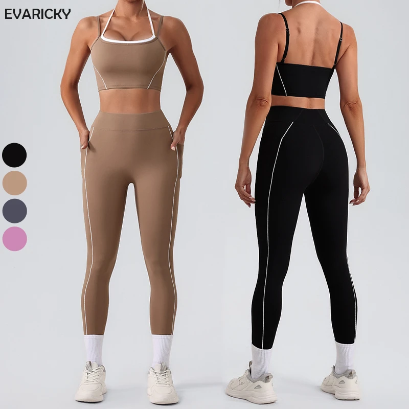 Women Side Pocket Design Two Piece Gym Yoga Leggings and High Elastic Fabric Sports Bra Set for Women Custom Logo