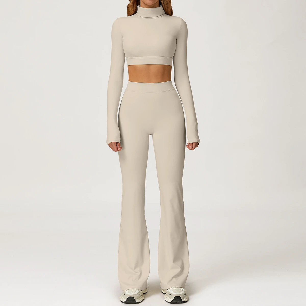 Custom Logo Women Solid Breathable Outdoor Exercise Long Sleeve Yoga Sets Active Wear High Waist Sports Flared Leggings 2-Piece