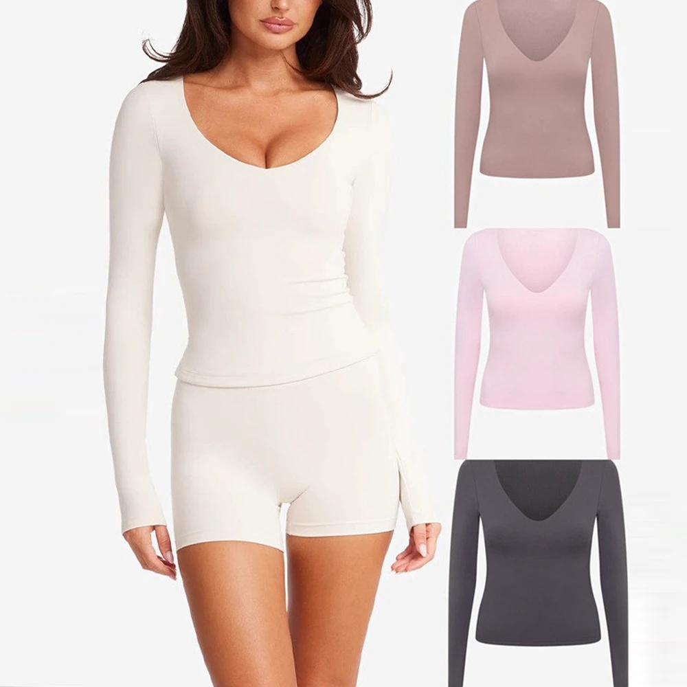 Long Sleeve V Neck Custom Wholesale Quick Dry Solid Workout Fitness Women Sports Yoga Gym Top