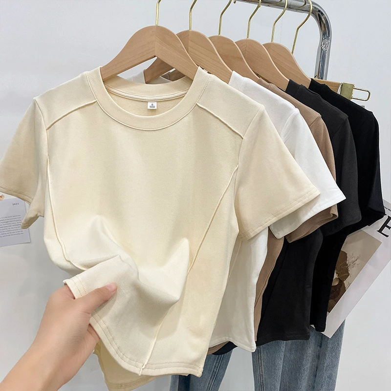 RNSHANGER Fashion Solid Color Round-neck Short Sleeved T-shirt for Women Summer Slim Fit Daily Ladies T Shirts