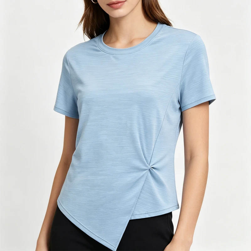OEM Wholesale Customize Lightweight Spandex/Polyester Short Sleeve Crew Neck Asymmetrical Design Fitness Wear Women's Yoga Top