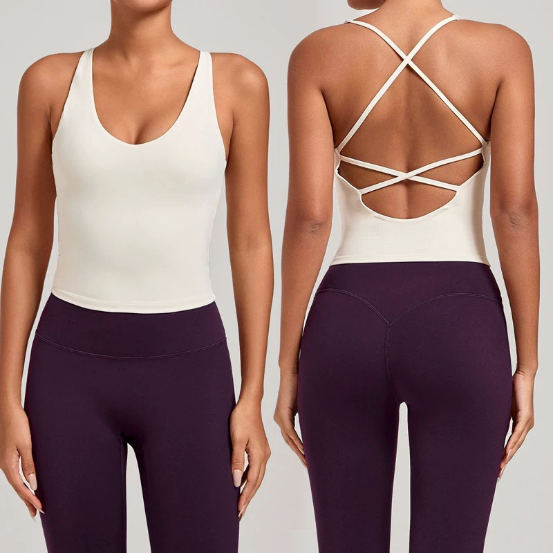 2025 Hot Selling Women's Lightweight Seamless Breathable Quick Dry Cross Back Shockproof High Support Yoga Sports Halter Front