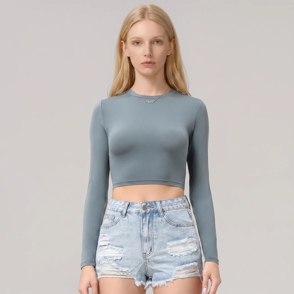 Women's Slim-fit Spandex/Nylon Crew Neck Quick-drying Long-sleeved Yoga Sports T-shirt Solid Color