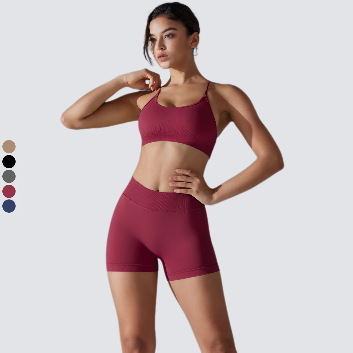 Wholesale Lightweight Solid Breathable Seamless Four-Way Stretch Sports Bra Biker Shorts 2-Piece Set Women's Activewear Workout