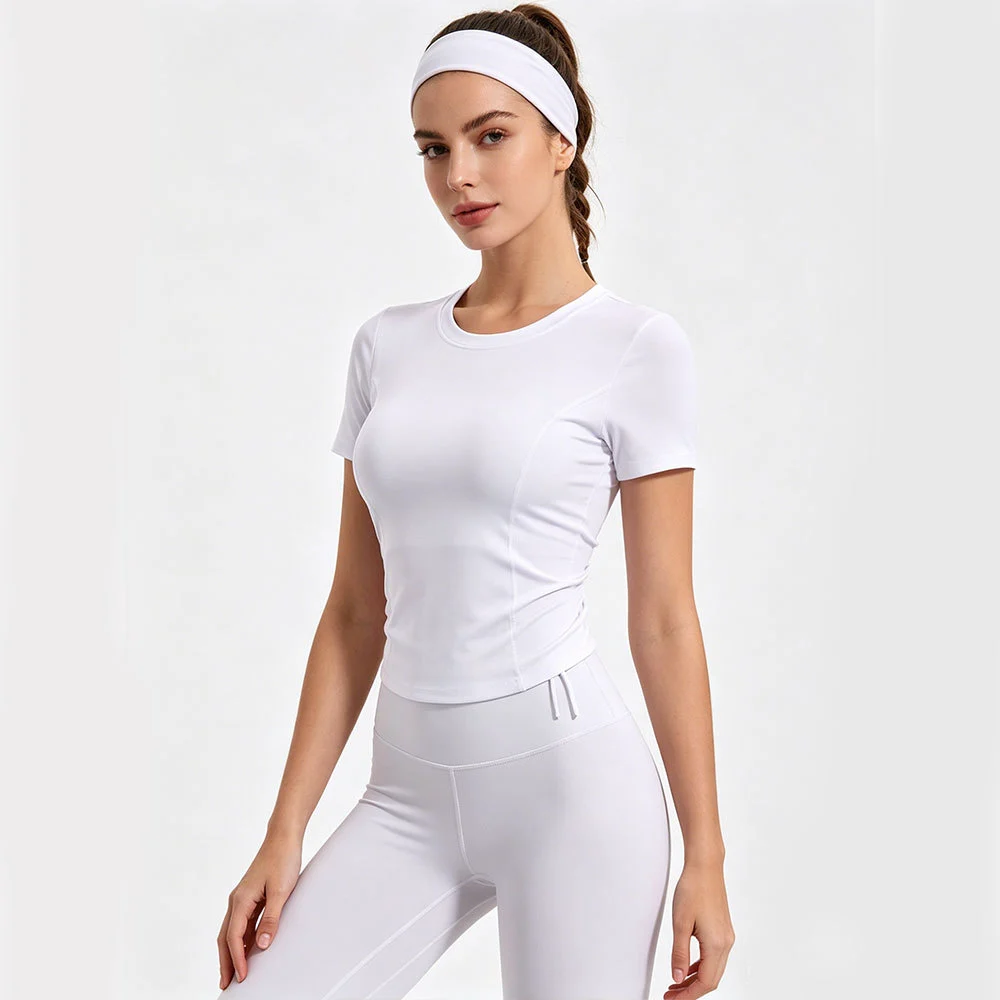 AMCLEVER 220gsm Women's Back Cutout Yoga Top Drawstring Ruffle Design Breathable Gym & Pilates Wear Slim Fit Fitness Shirt