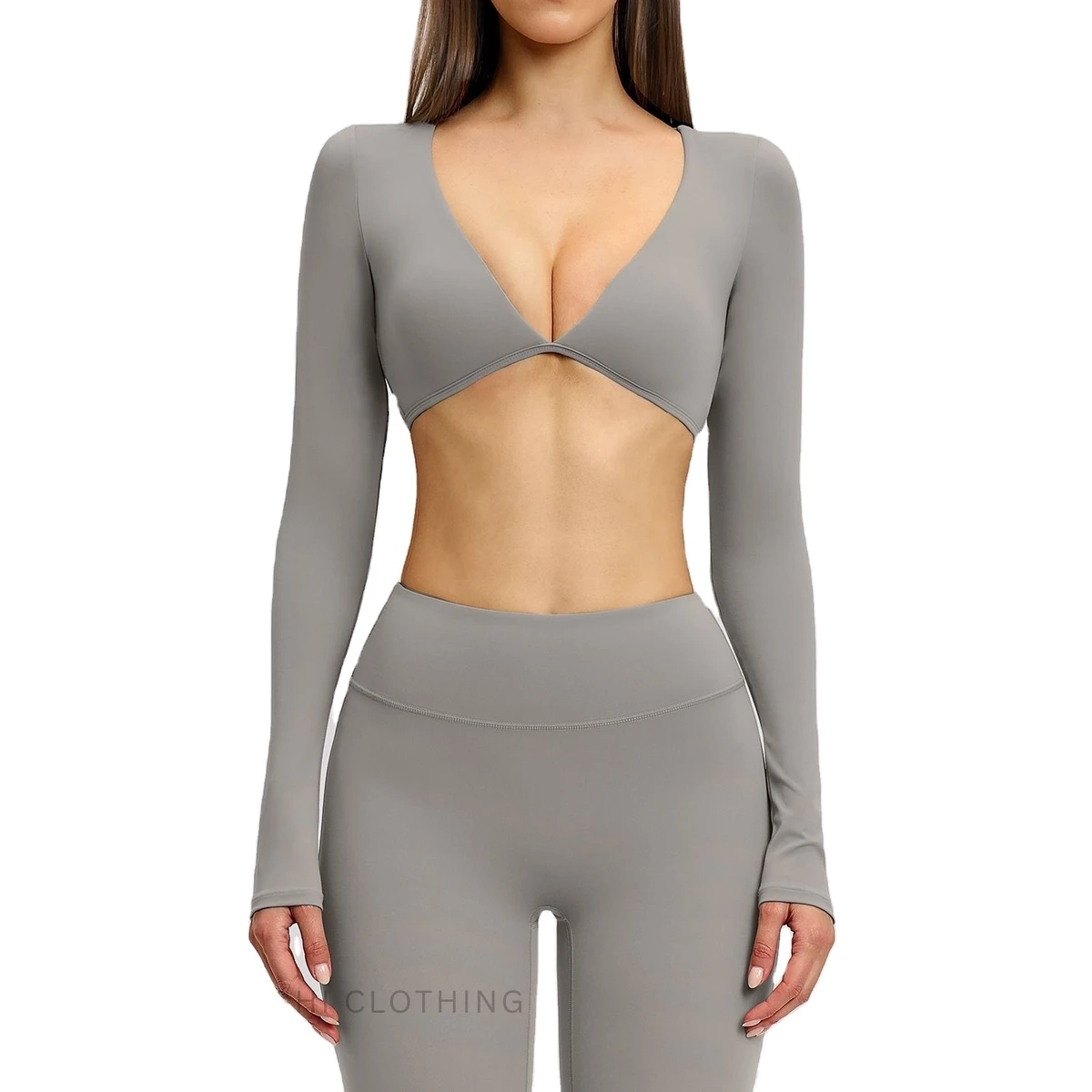 Casual Cross-Border Women Yoga Long Sleeve V-Neck Crop Sports Top Outdoor Running Gym Fitness Activewear Shirt Top Workout