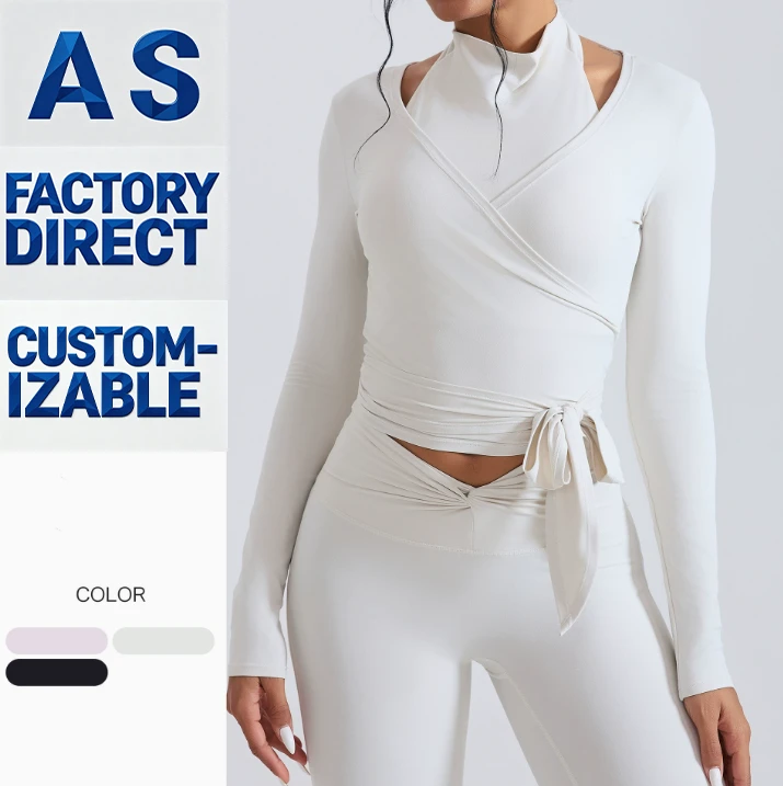 Women Halter V-neck Wrap Yoga Top Long Sleeve Side Tie Crop Lightweight Four-Way Stretch Breathable Workout Running Fitness