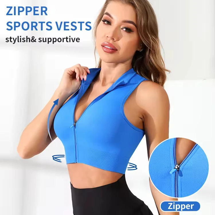 Seamless Front Zipper Yoga Bra With High Strength Shock Absorbing Detachable Cup Beautiful Back Top Fitness Sports Bra Gym Wear