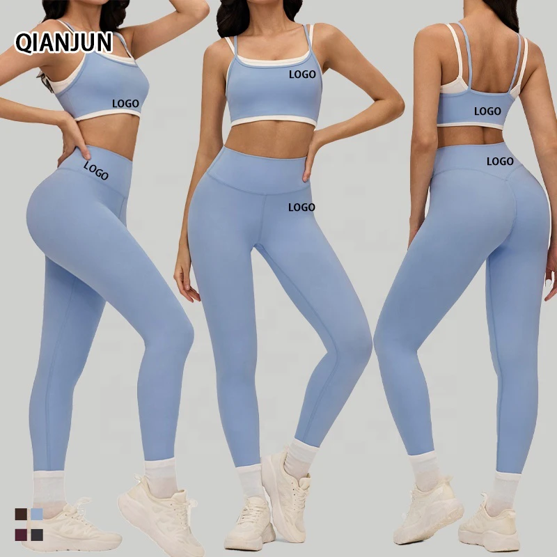 Women's Breathable Cross-border Sports Suit Contrast Color Tight Nude-feel Yoga Clothes Outdoor Running Pilates 2-Piece Set