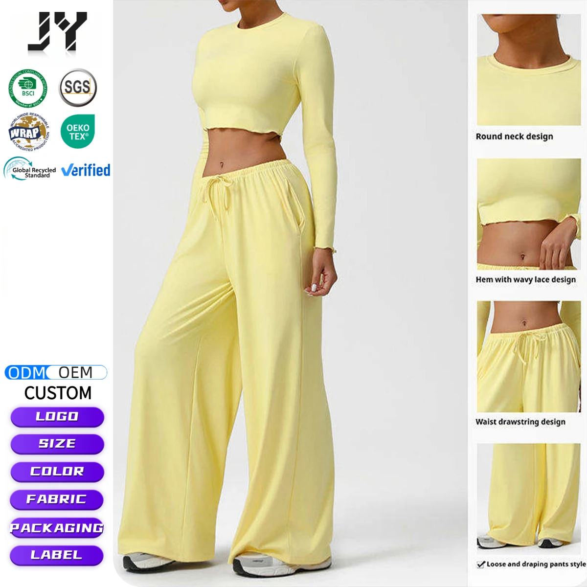 JY Women's 2 Piece Yoga Set Long Sleeve Crop Top and Wide Leg Sweatpants High Waist Loose Lounge Tracksuit Gym Workout Outfit