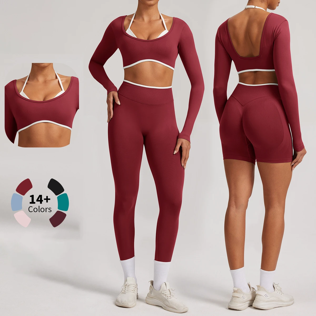 FH Two Pieces Set Fasion Long Sleeves Beauty Back Tight Butt Lift Leggings Fitness Women Yoga High Elasticity Pilates Set