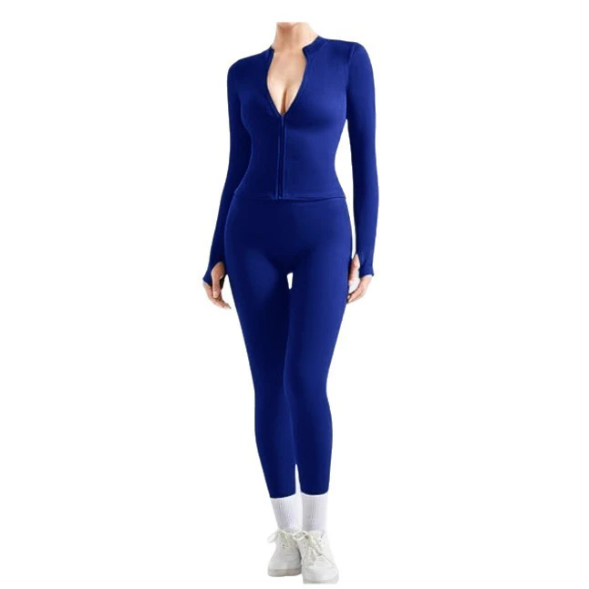 Women's Breathable Lightweight 2-Piece Seamless Yoga Outfit High Waist Gym Leggings Zipper Jacket Front Logo Solid Elastic Waist