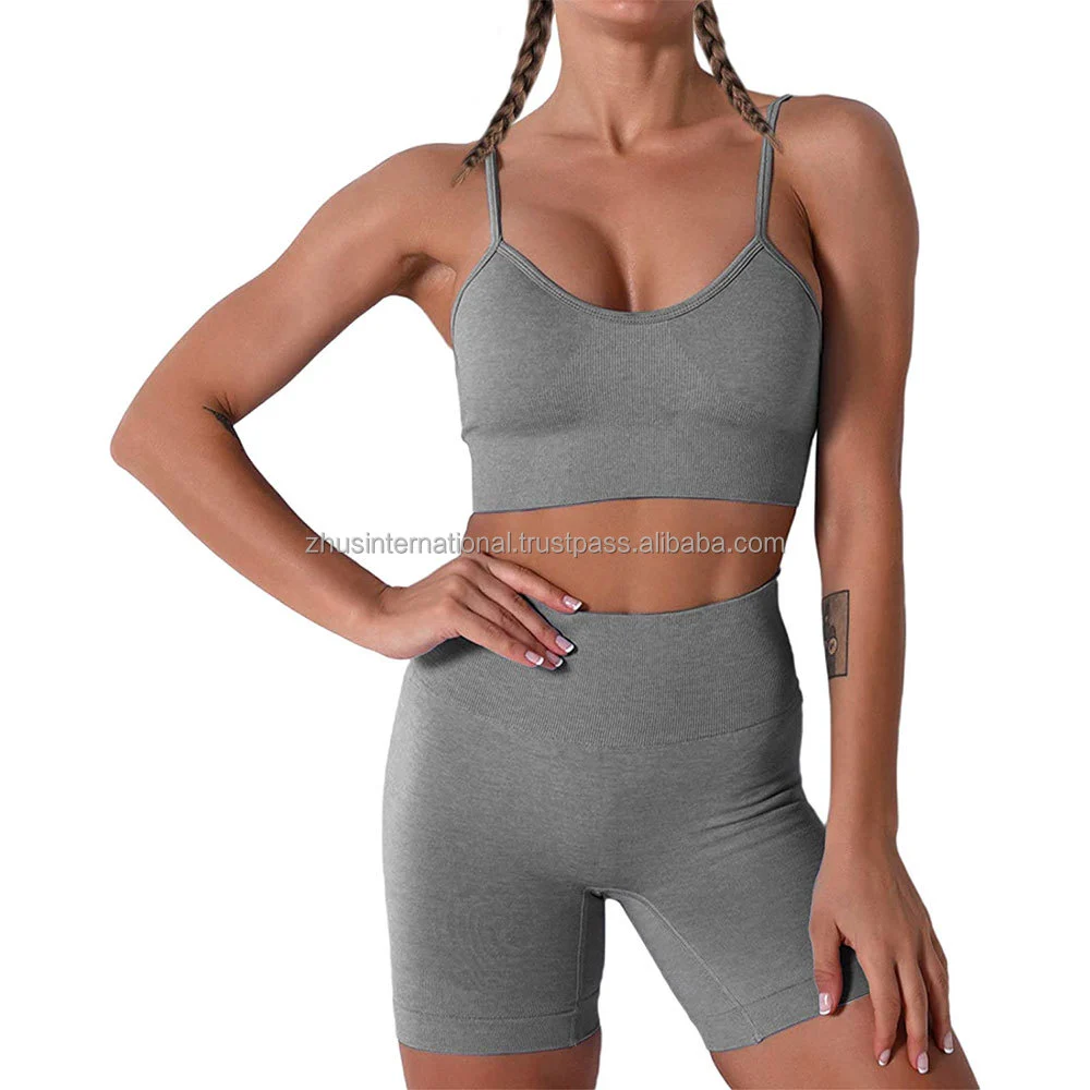 Ladies Sports Bra Mid Waist Fitness Yoga Leggings Running Gym Wear Two Piece Set Yoga Shorts Style Belt OEM