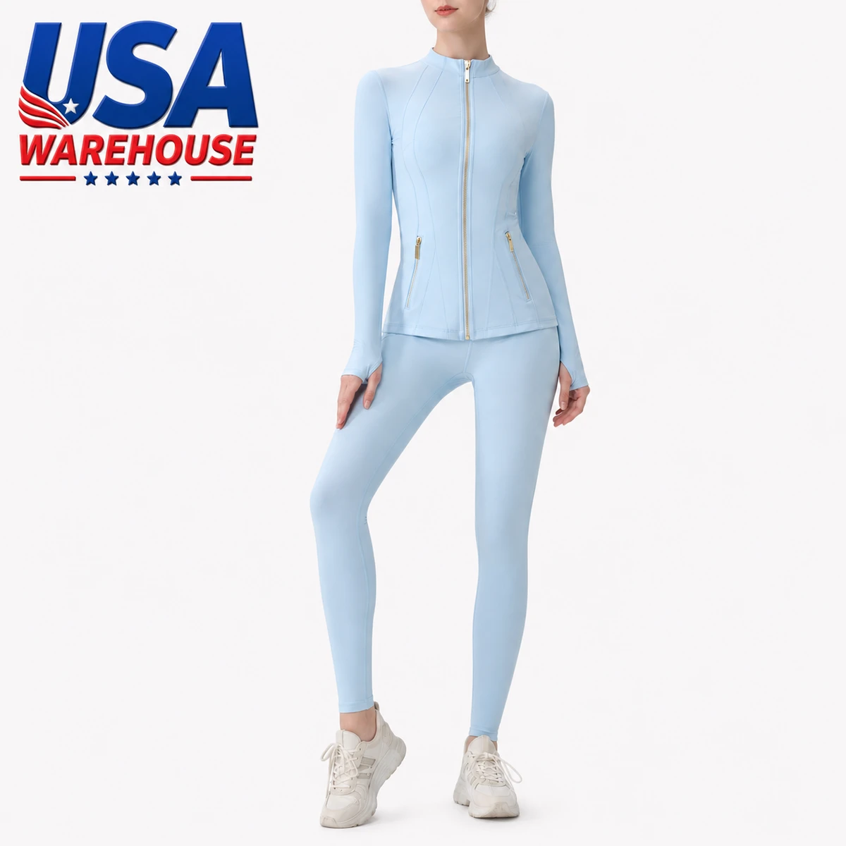 USA Oversea Warehouse Women's Solid Breathable High-Waisted Yoga Set Elastic Waist Zipper Jacket Ruched Leggings 2-Piece Set