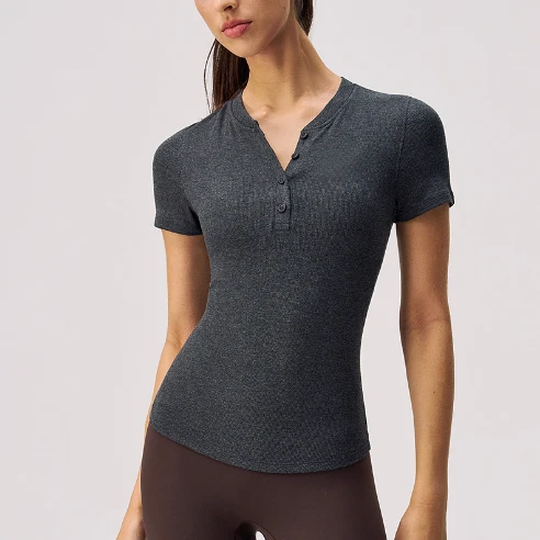 Women's Summer Slim Fit Henley Neck Short Sleeve Ribbed Crop Top 94% Viscose 6% Spandex Casual Yoga T-Shirt
