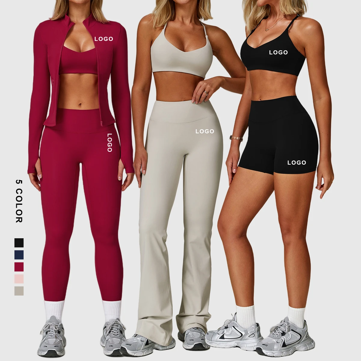 Manufacturers Premium Women's Sportswear Sports Bra Zip Jacket And Gym Pants Flare Leggings 3 Piece Workout Sets For Women