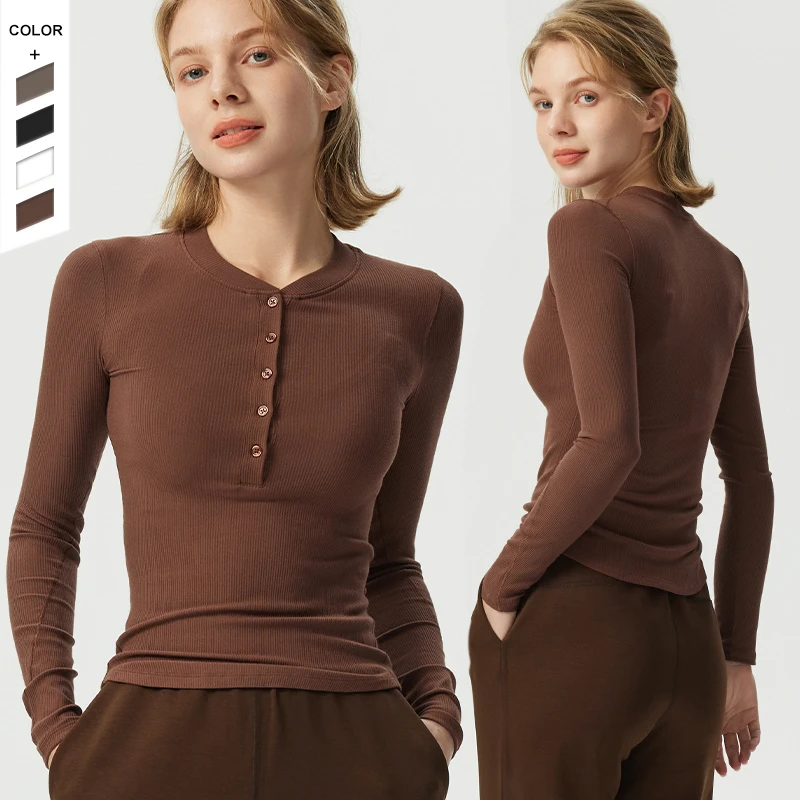Factory Direct Sale New Yoga Wear Women's Round Neck Button Long-Sleeved Breathable High Elastic Lightweight Sports T-Shirt