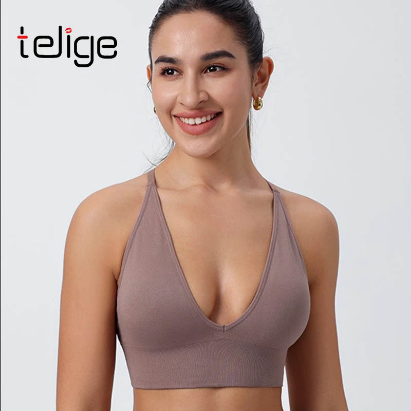 Custom Logo Girl Deep V Neck Gym Push up Backless Beautiful Cross Back Yoga Bra Fitness Quick Dry Gym Yoga Sports Bra for Women
