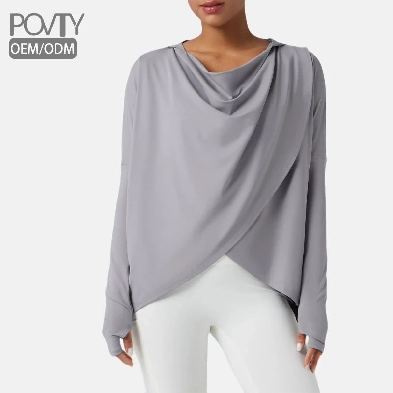 POVTY Custom Design Pattern Women's Hooded Cowl Neck Long Sleeve Thumb Hole Yoga Sports Top Ultra Soft Shirts OEM Service