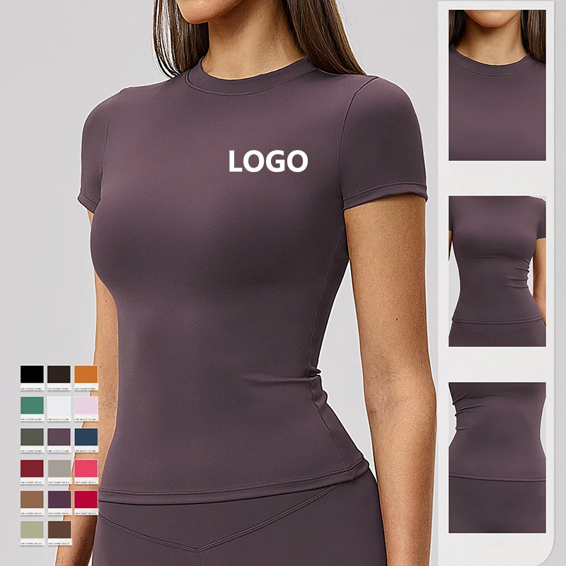 Logo Custom Slim Fit Yoga Wear Women's T-shirt Quick Dry Nylon Short Sleeve Fitness Running Top