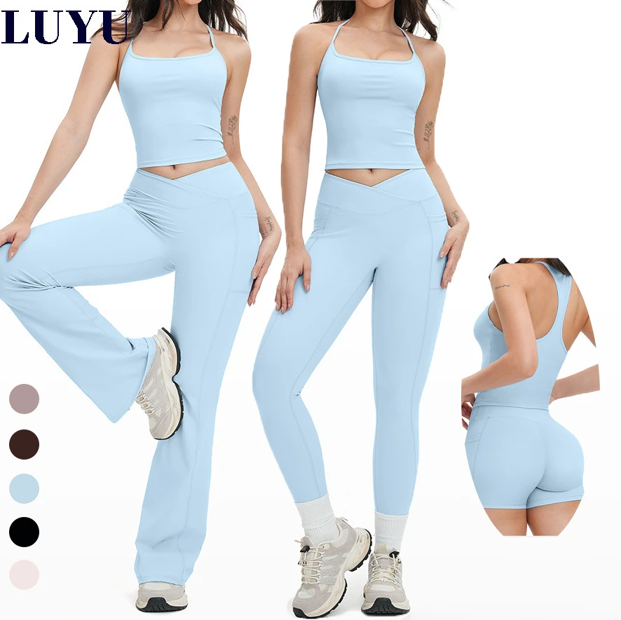 Custom LOGO Scrunch Bum V-shaped Leggings Yoga Set Racerback Soft Tank Top Pilates Fitness Workout Set for Women