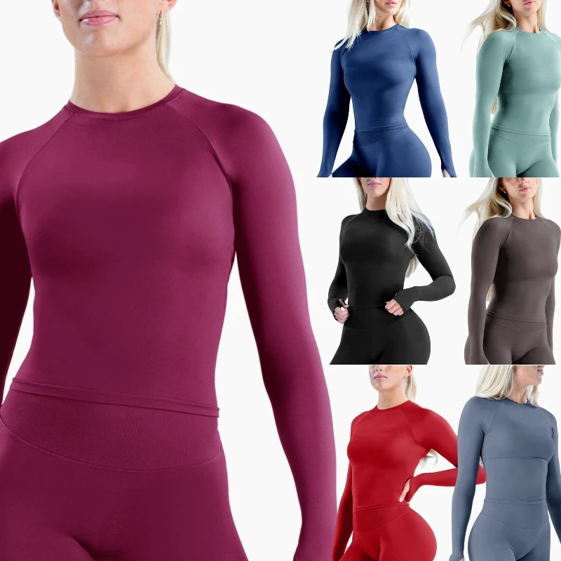 New Fashion Women High Stretch Long Sleeve Solid Color Tops Running Round Neck Fitness Yoga Tops for Women