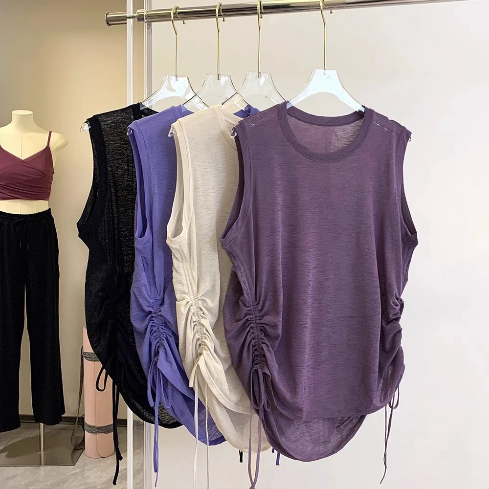 Sleeveless Solid Sports Vest Women's Summer Thin Loose Simple Design Covering Running Training Blouse Quick-drying Yoga Tops