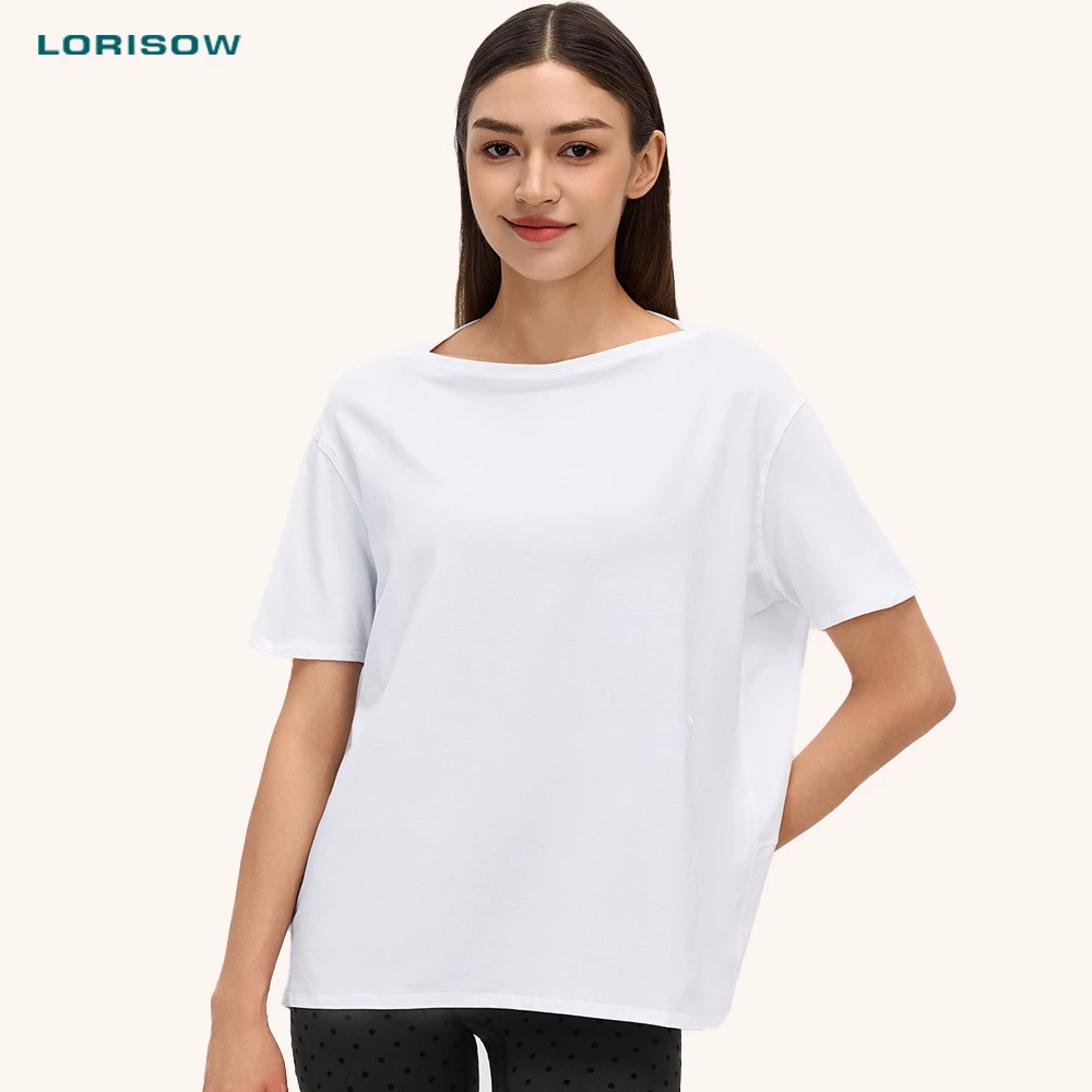 LORISOW Newest Women's Loose Fit Boat Neck Short Sleeve T-shirt Leisure Outdoor Yoga Wear Running Quick Dry Soft Summer