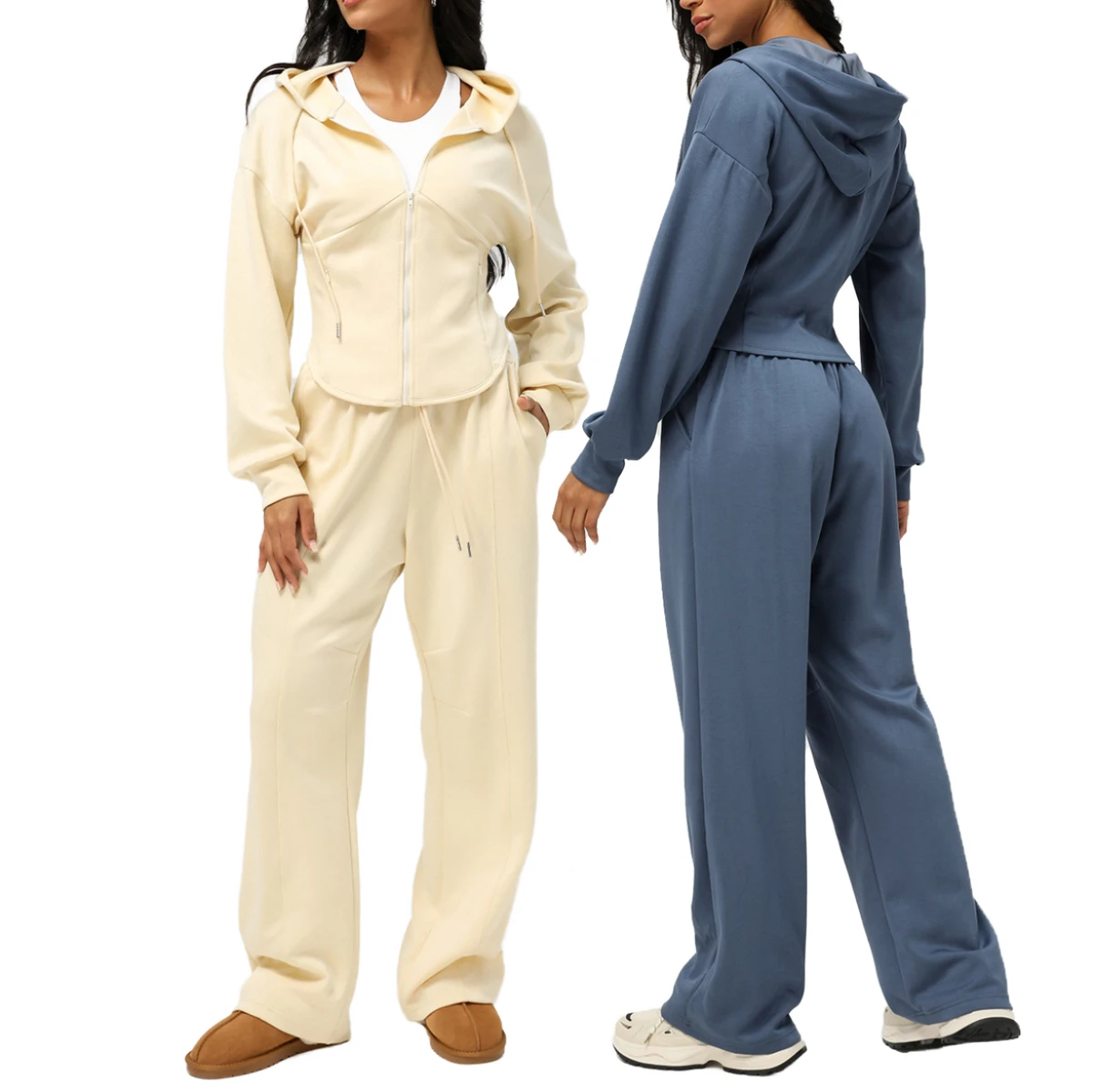 2455 New Solid Color Breathable Sustainable Elastic Waist Women's Plus Size Sports Yoga Sets-Casual Hooded Sweatshirt Loose Yoga