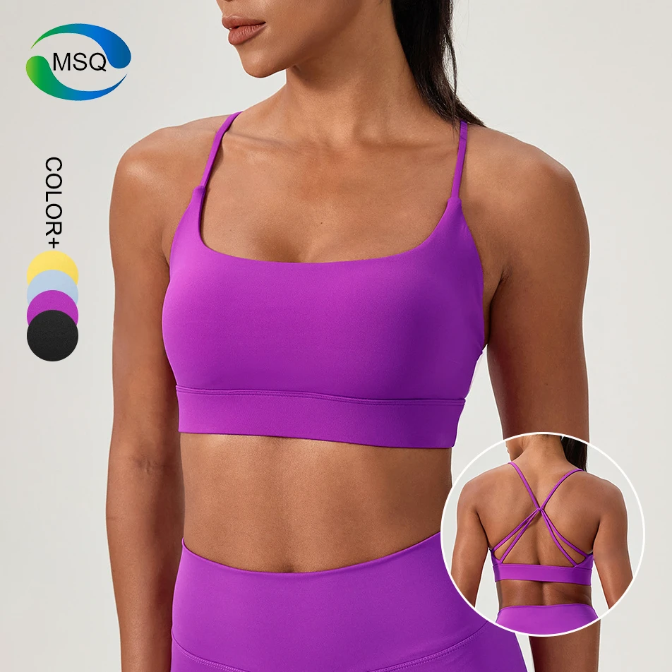 High Quality Square Neck Supportive Yoga Sport Bra Workout Fitness Top Thin Straps Cross Back Woman Backless Crop Sport Bra