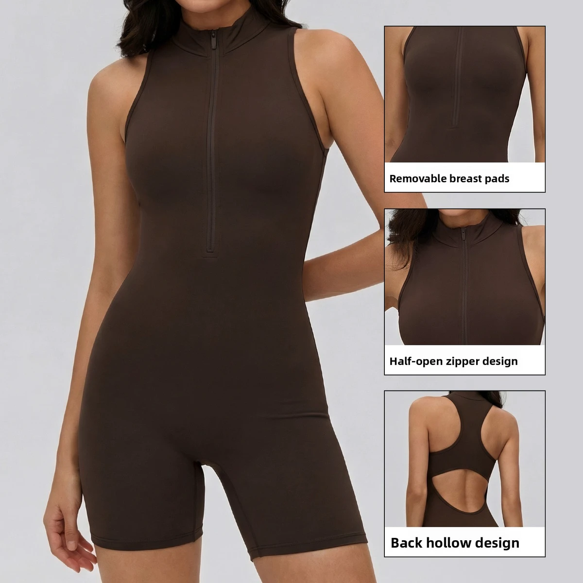 Women's Seamless Breathable Spaghetti Strap Full-Length Sports Yoga All-in-one Fitness Suit Removable Chest Pad Zipper Tight-Fit