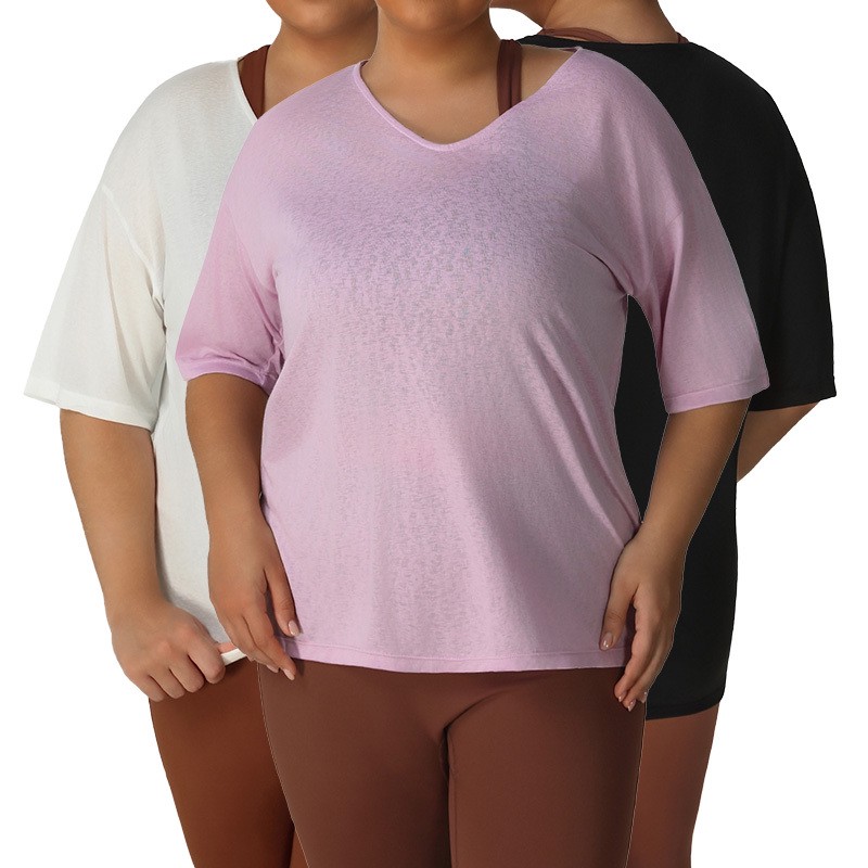 P02505 Women Top Plus Size V Neck Short Sleeve Loose Breathable Quick Dry Smock Over Size Workout Outdoor Yoga T-shirt
