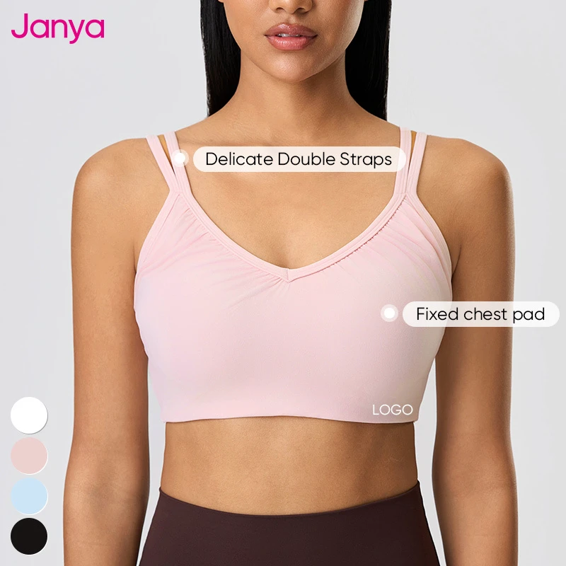 Janya Women's Breathable Deep V Neck Sports Bra Shockproof Gym Fitness Bras Fixed Cup Gathered Workout Tank Top Yoga Sports Bra