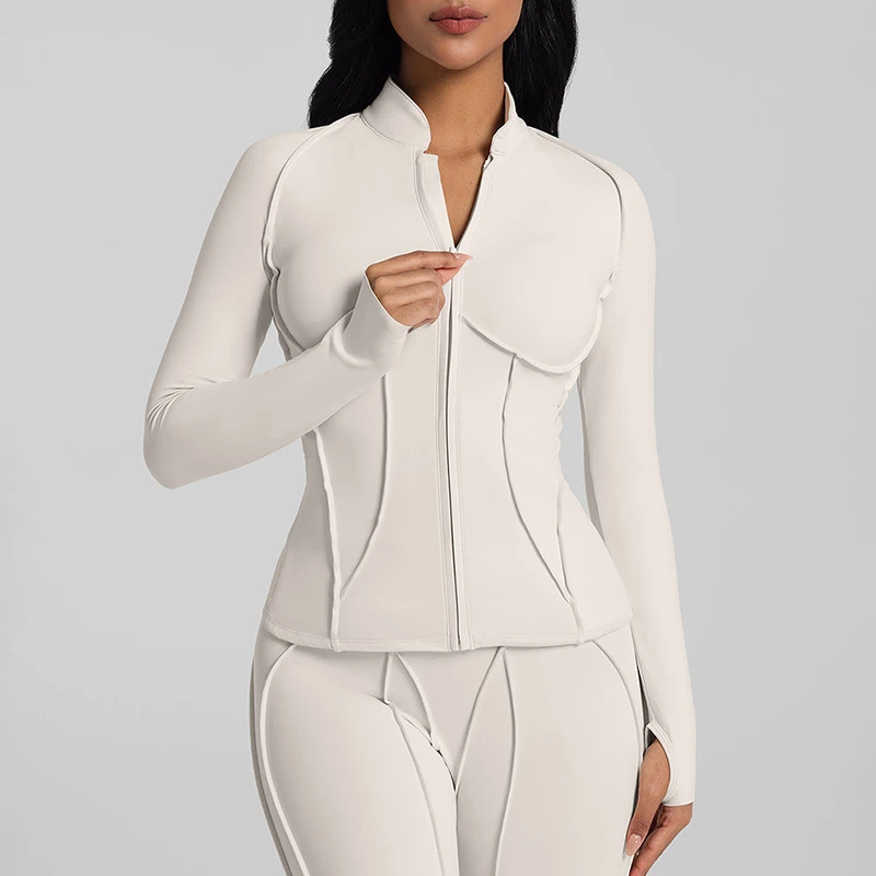 Custom Ivory Contouring High Stretchy Seam Zip-Up Long Sleeve Top Breathable Scupltured Women Workout Yoga Jacket With Thumbhole