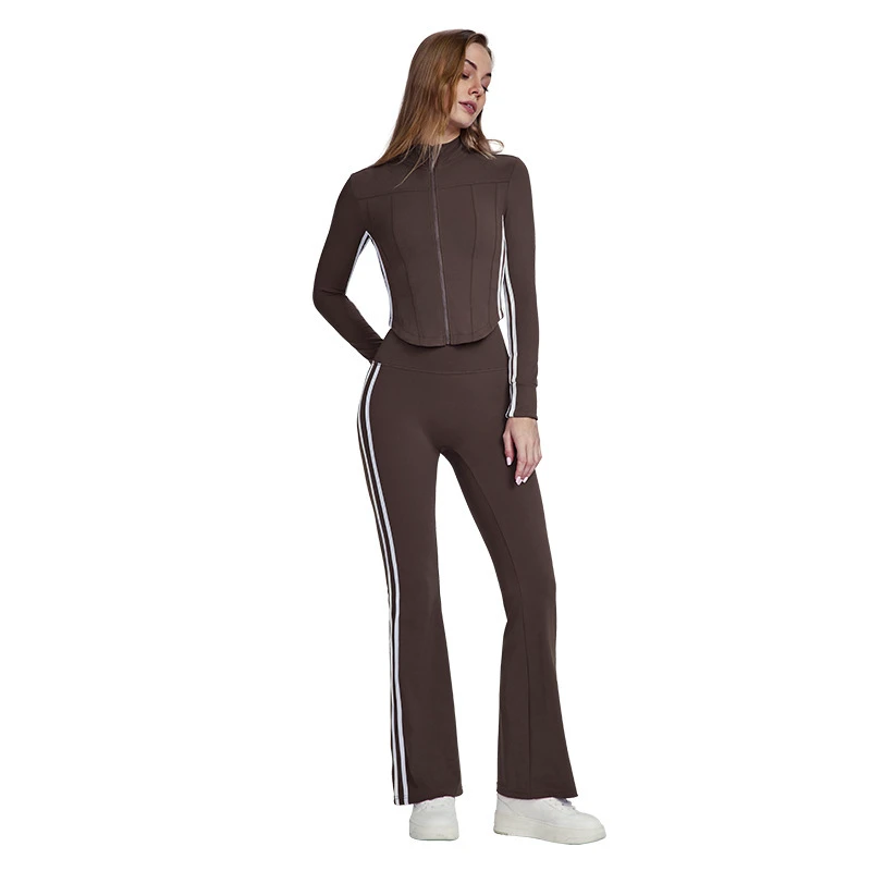 Fashion Women Two Piece Breathable Nylon Flared Leg Sports Set Autumn Casual Yoga Outfit Stylish Comfortable Elastic