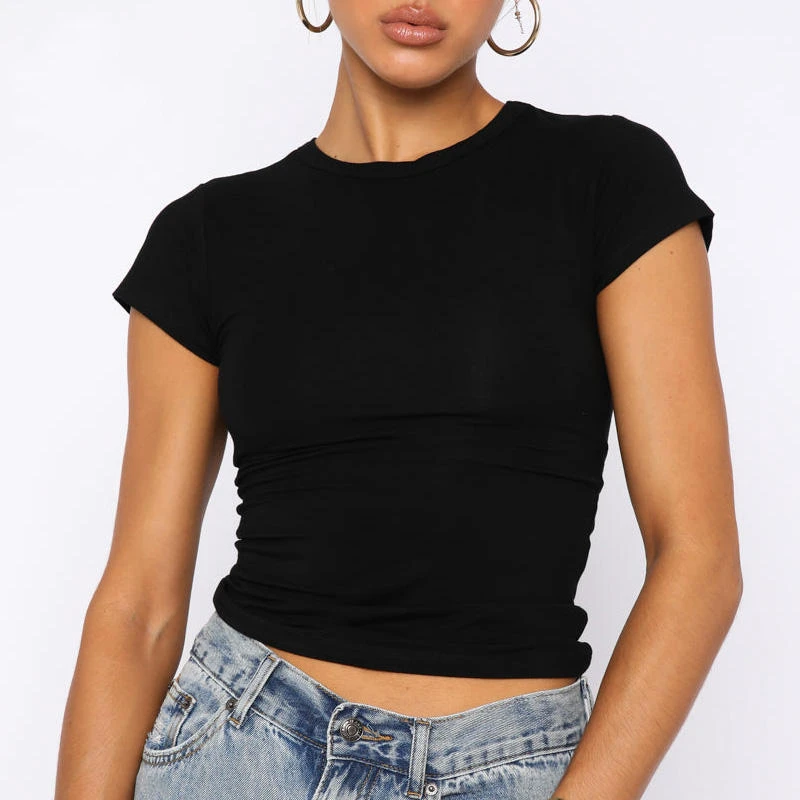 Women's Plain Short Sleeve Yoga Fitness Gym T-Shirts Scoop Neck Slim Fitted Crop Top