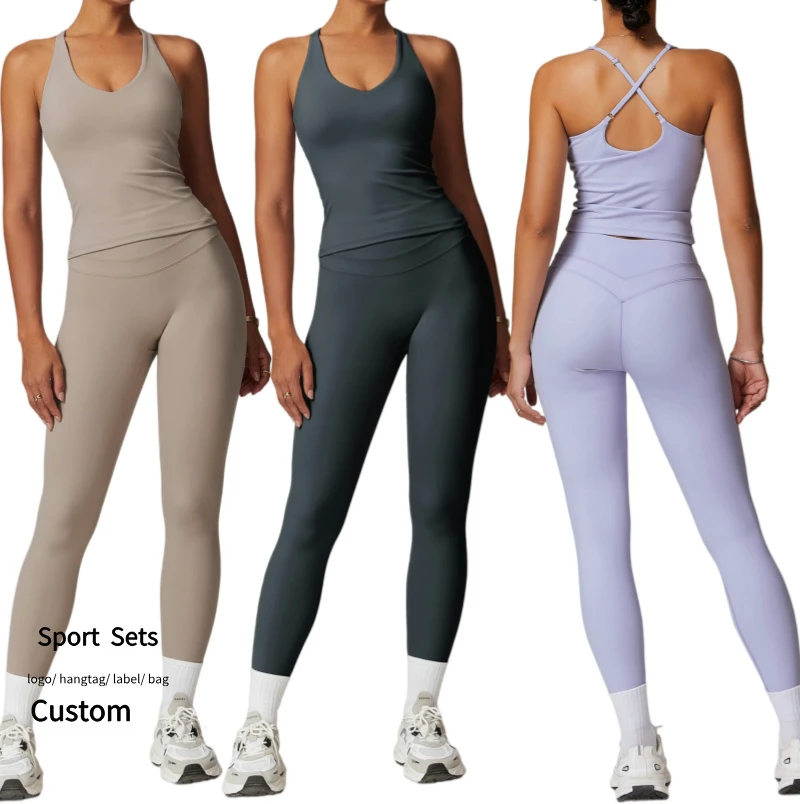 New Sleeveless Top Elastic High Waist Leggings 2 Piece Suit Gym Clothing Sets for Women Yoga Suit Running Active Set Workout Set