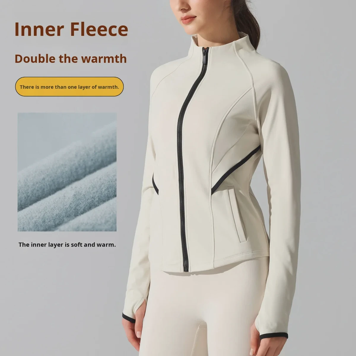 Autumn Winter Women's Yoga Breathable for Long-sleeved Warm Fleece-lined Coat Fitness Stand Collar Zipper Tight Sports Running