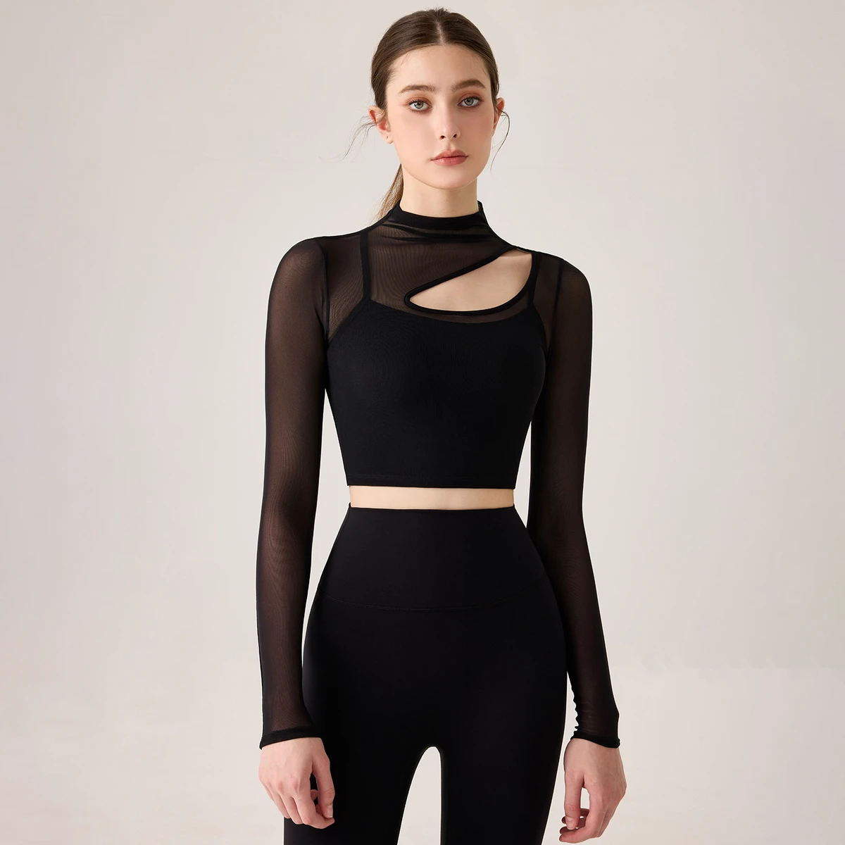 Asymmetric Hollow Shoulder Long Sleeved Sports Wear Workout Dance Shirts Breathable Sexy Mesh Pilates Yoga Top for Women