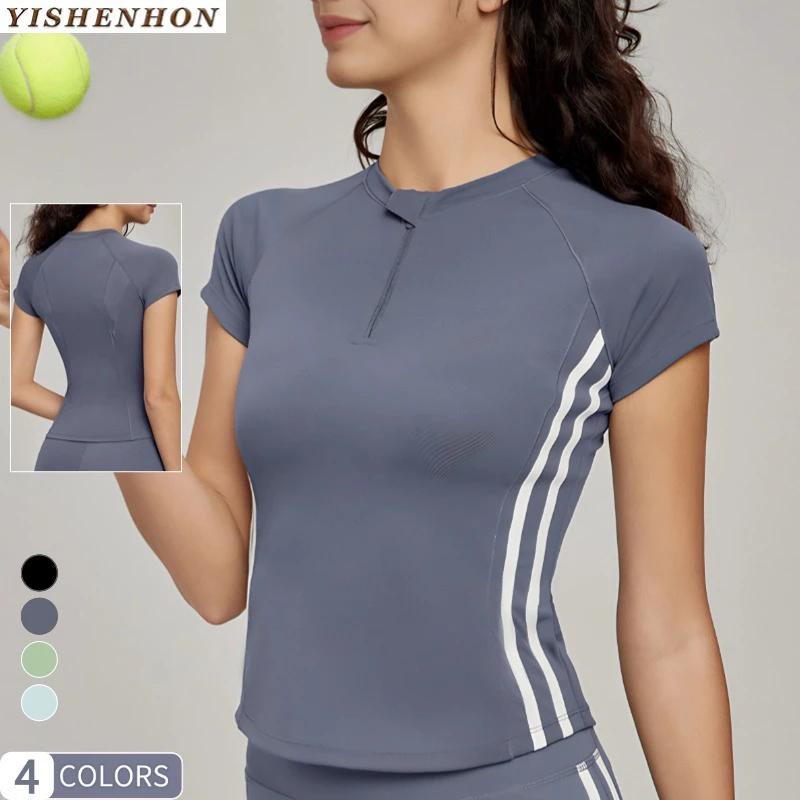 YISHENHON Women's Summer Solid Half-Zip Fitness Top Yoga Short-Sleeved Sport Top Quick Dry and Breathable for Adults