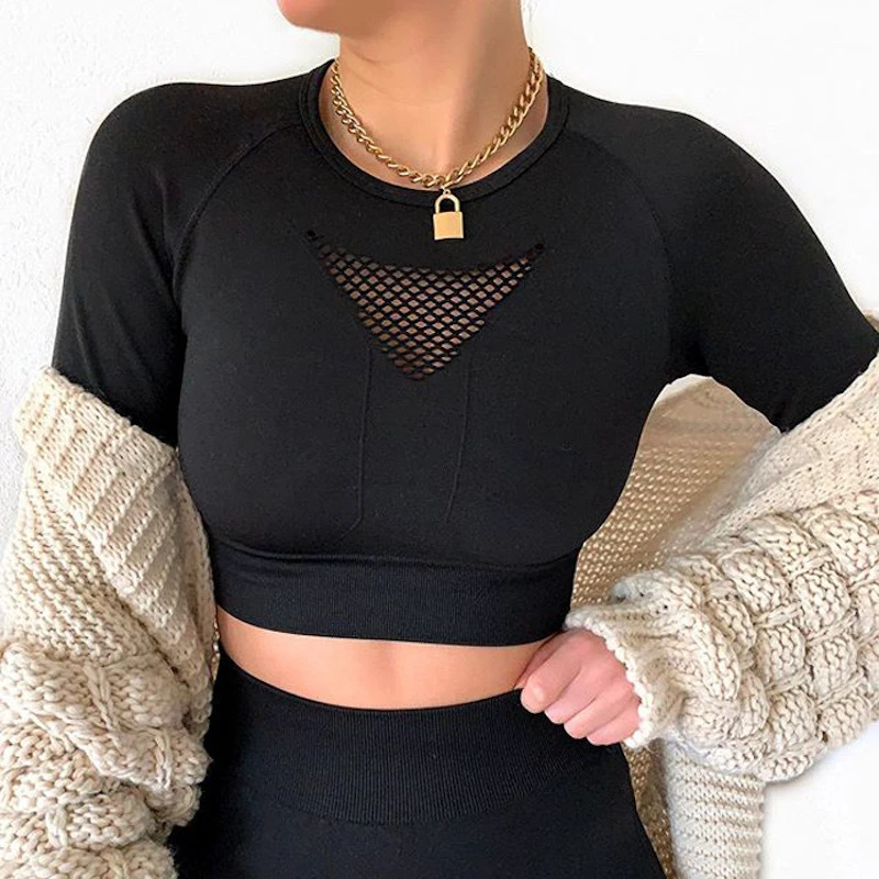 Seamless 2 Piece Workout Outfits Sports Long Sleeve Fitness Womens Yoga Suit Crop Top + Tights Athletic Clothing Set