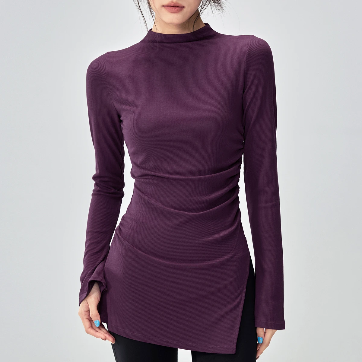 Breathable for Blouse Pilates Training Top New Half-high Collar Hip Yoga Suit Tight-fit Sports Horn Long-sleeved