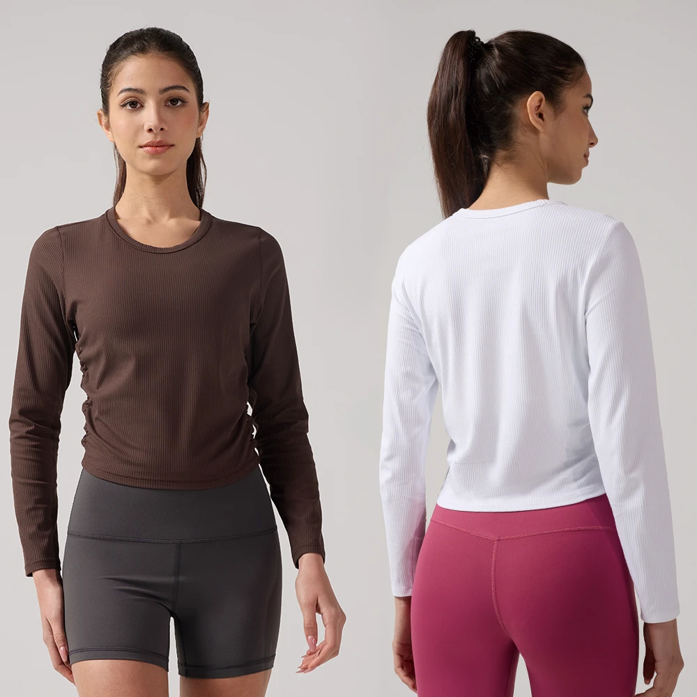 High Elastic Ribbed Long Sleeve Yoga Top for Women Ruched Slim Fit Fitness T-Shirt Breathable Sports Casual Blouse