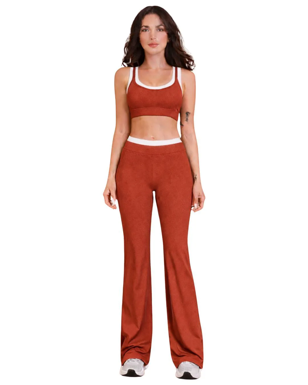 Custom Women Rust Brown White Contrast Sports Bra And Flare Pants Set High Waist Stretch Yoga Fitness Gym Wear OEM Wholesale