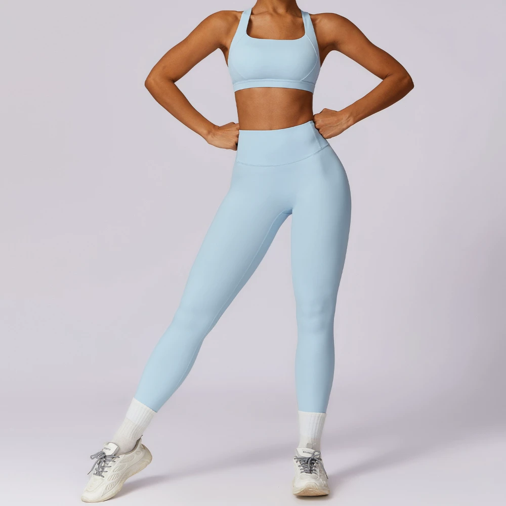 Women's Two Piece Sports Workout Sets Sleeveless Seamless Cross Back Yoga Crop Tops High Waist Leggings Tracksuit