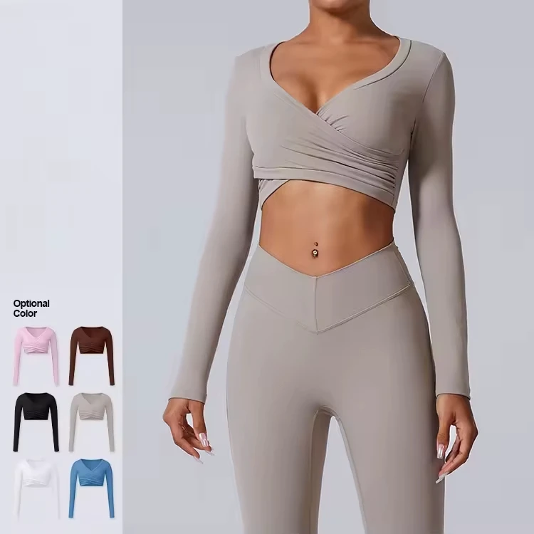 Custom Logo Wrap Ballet Pilates Yoga Top V-neck Elastic Tight Long Sleeve Brushed Women's Crop Top Wholesale Luxury Trendy