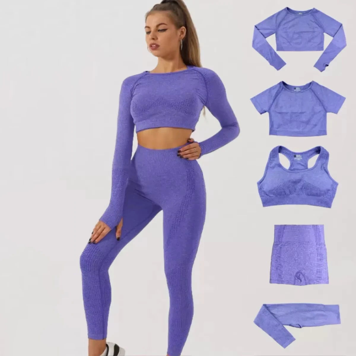 Newest Seamless 5-Piece Impact Women Yoga Set Quick Dry Breathable Butt Lifting High Stretch Gym Fitness Set Shockproof